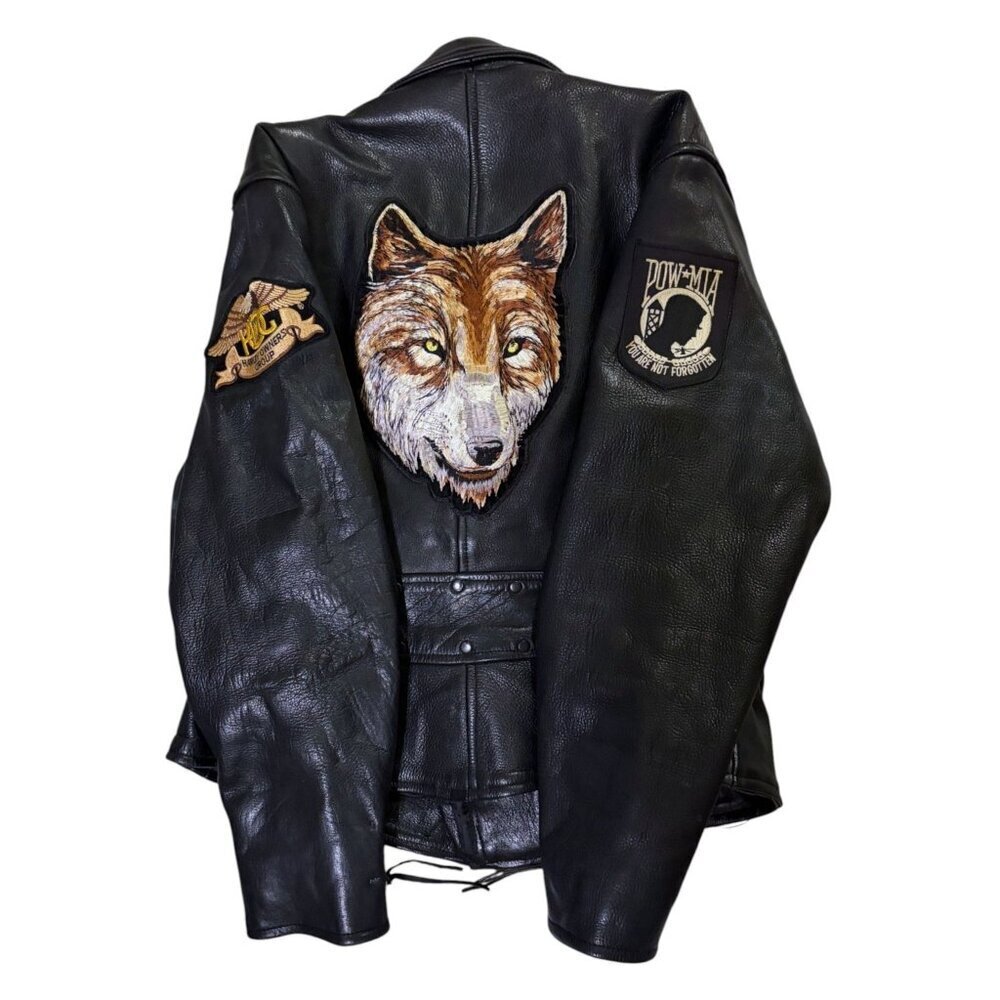 Vintage Leather Motorcycle Jacket M Patches HOG POW MIA Wolf Embroidered